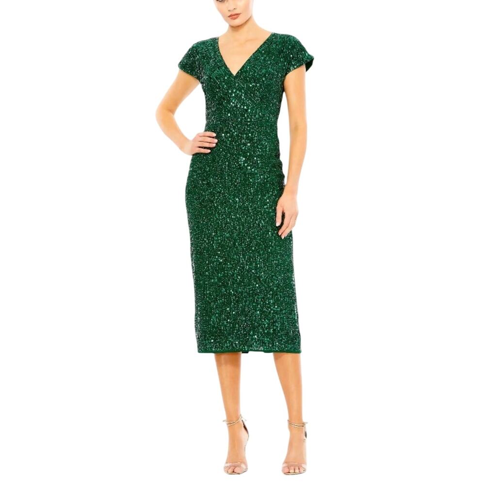 Mac Duggal 10766 Green Cocktail Dress Sequined Cap Sleeve Midi Sheath Size 14
